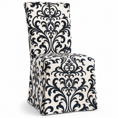 Black & Ivory Stretch Dining Chair Covers — Removable Washable Spandex Slipcovers, Baroque Scroll Pattern, Black & Cream (Set of 4)