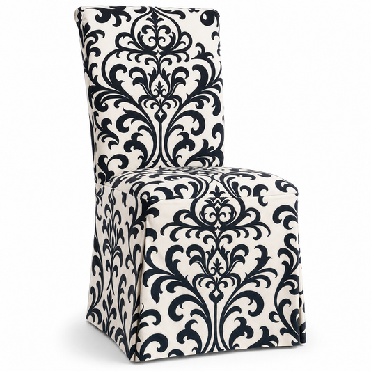 Black & Ivory Stretch Dining Chair Covers — Removable Washable Spandex Slipcovers, Baroque Scroll Pattern, Black & Cream (Set of 4)