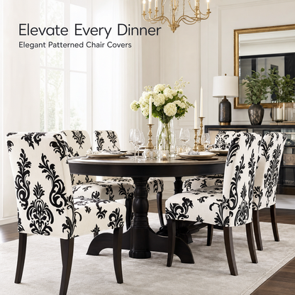 Black & Ivory Stretch Dining Chair Covers — Removable Washable Spandex Slipcovers, Baroque Scroll Pattern, Black & Cream (Set of 4)