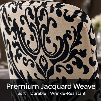 Black & Ivory Stretch Dining Chair Covers — Removable Washable Spandex Slipcovers, Baroque Scroll Pattern, Black & Cream (Set of 4)