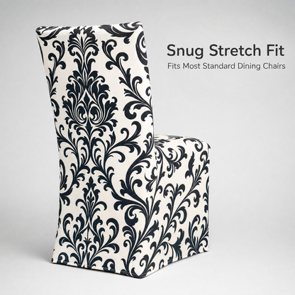 Black & Ivory Stretch Dining Chair Covers — Removable Washable Spandex Slipcovers, Baroque Scroll Pattern, Black & Cream (Set of 4)