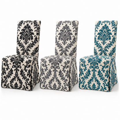 Black & Ivory Stretch Dining Chair Covers — Removable Washable Spandex Slipcovers, Baroque Scroll Pattern, Black & Cream (Set of 4)