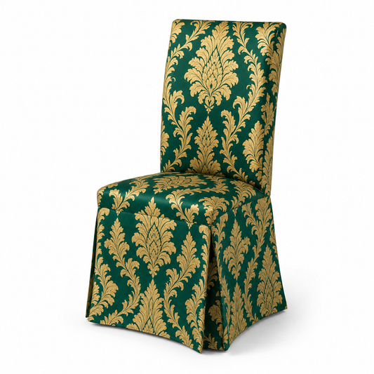 Emerald & Gold Stretch Dining Chair Covers — Removable Washable Spandex Parsons Slipcovers, Ornamental Damask, Emerald Green & Gold (Set of 4)