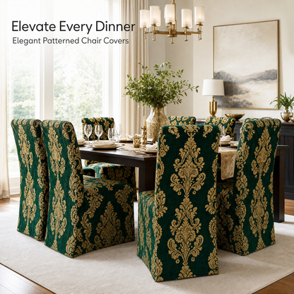 Emerald & Gold Stretch Dining Chair Covers — Removable Washable Spandex Parsons Slipcovers, Ornamental Damask, Emerald Green & Gold (Set of 4)