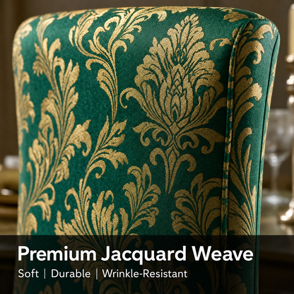 Emerald & Gold Stretch Dining Chair Covers — Removable Washable Spandex Parsons Slipcovers, Ornamental Damask, Emerald Green & Gold (Set of 4)