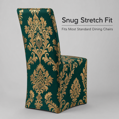 Emerald & Gold Stretch Dining Chair Covers — Removable Washable Spandex Parsons Slipcovers, Ornamental Damask, Emerald Green & Gold (Set of 4)