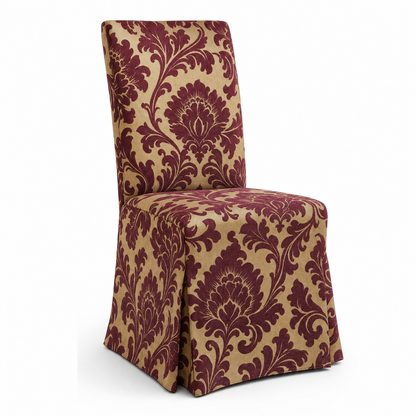 Burgundy Floral Stretch Dining Chair Covers — Removable Washable Spandex Slipcovers, Damask Floral Pattern, Wine Red & Champagne (Set of 4)