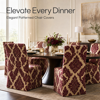 Burgundy Floral Stretch Dining Chair Covers — Removable Washable Spandex Slipcovers, Damask Floral Pattern, Wine Red & Champagne (Set of 4)