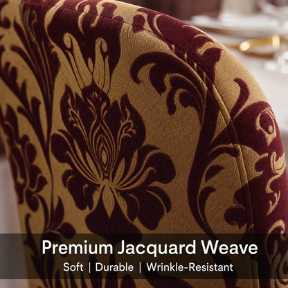 Burgundy Floral Stretch Dining Chair Covers — Removable Washable Spandex Slipcovers, Damask Floral Pattern, Wine Red & Champagne (Set of 4)