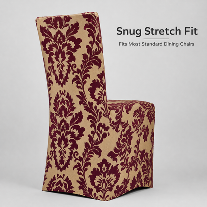 Burgundy Floral Stretch Dining Chair Covers — Removable Washable Spandex Slipcovers, Damask Floral Pattern, Wine Red & Champagne (Set of 4)