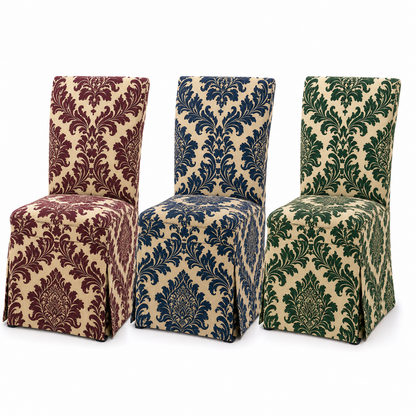 Burgundy Floral Stretch Dining Chair Covers — Removable Washable Spandex Slipcovers, Damask Floral Pattern, Wine Red & Champagne (Set of 4)