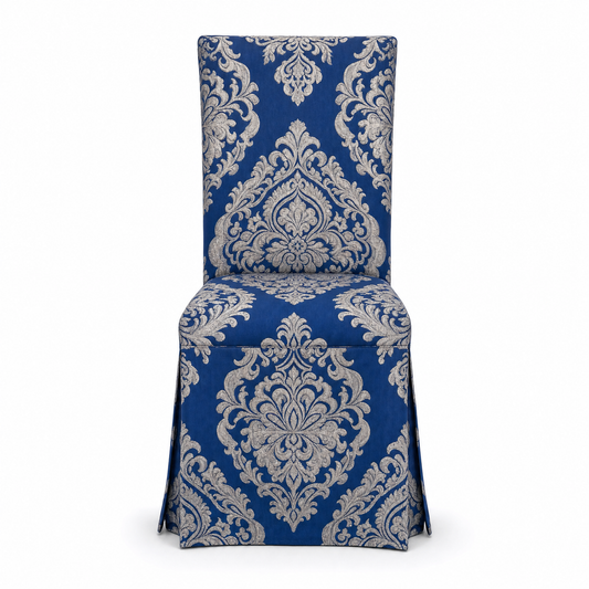 Royal Blue & Silver Stretch Dining Chair Covers — Removable Washable Spandex Parsons Slipcovers, Medallion Pattern, Blue & Silver (Set of 4)
