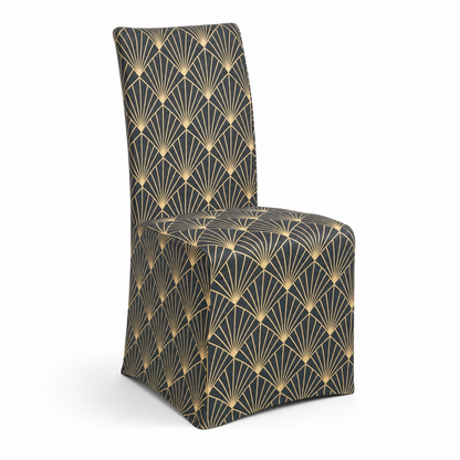 Art Deco Dining Chair Covers, Stretch Removable Slipcovers for Dining Room Chairs, Washable Spandex Parsons Chair Cover, Elegant Gold Geometric Fan Pattern, Charcoal Black & Gold (Set of 4/6)