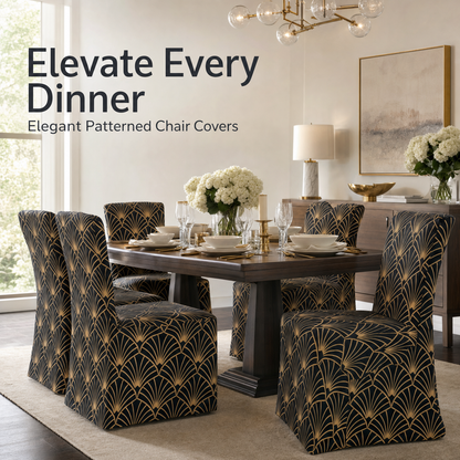 Art Deco Dining Chair Covers, Stretch Removable Slipcovers for Dining Room Chairs, Washable Spandex Parsons Chair Cover, Elegant Gold Geometric Fan Pattern, Charcoal Black & Gold (Set of 4/6)