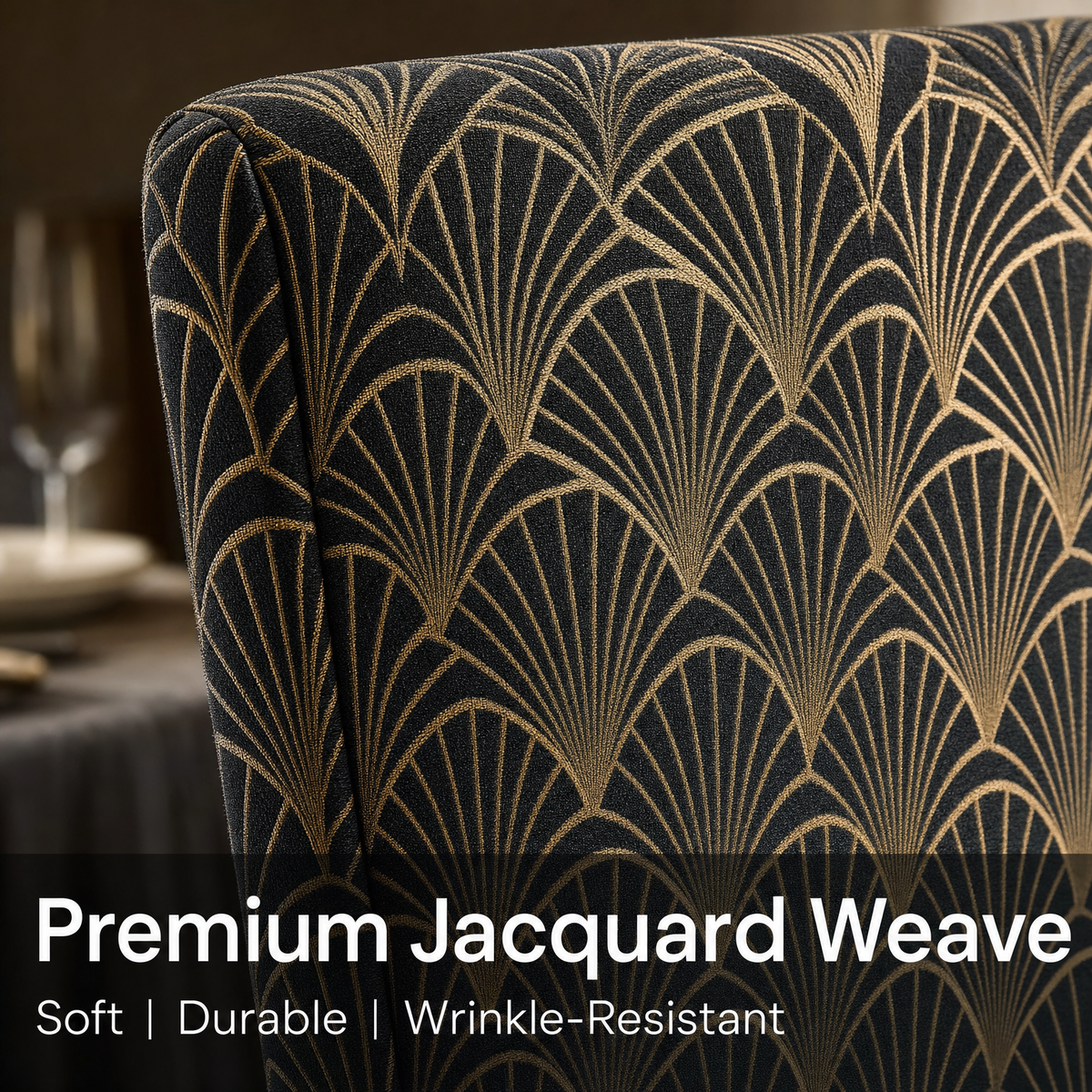 Art Deco Dining Chair Covers, Stretch Removable Slipcovers for Dining Room Chairs, Washable Spandex Parsons Chair Cover, Elegant Gold Geometric Fan Pattern, Charcoal Black & Gold (Set of 4/6)