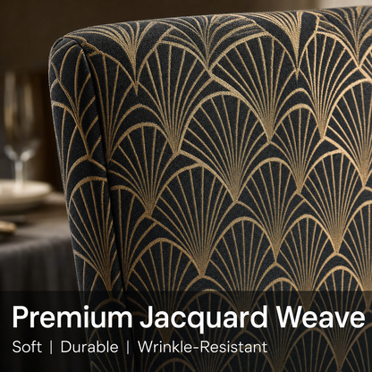 Art Deco Dining Chair Covers, Stretch Removable Slipcovers for Dining Room Chairs, Washable Spandex Parsons Chair Cover, Elegant Gold Geometric Fan Pattern, Charcoal Black & Gold (Set of 4/6)