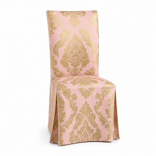 Blush & Gold Damask Stretch Dining Chair Covers — Removable Washable Spandex Slipcovers, Ornate Damask, Blush Pink & Gold (Set of 4)