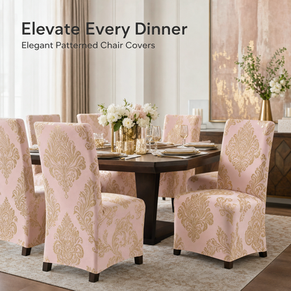 Blush & Gold Damask Stretch Dining Chair Covers — Removable Washable Spandex Slipcovers, Ornate Damask, Blush Pink & Gold (Set of 4)