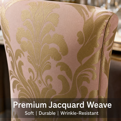 Blush & Gold Damask Stretch Dining Chair Covers — Removable Washable Spandex Slipcovers, Ornate Damask, Blush Pink & Gold (Set of 4)