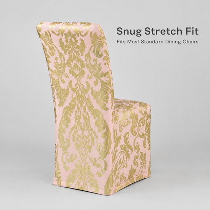 Blush & Gold Damask Stretch Dining Chair Covers — Removable Washable Spandex Slipcovers, Ornate Damask, Blush Pink & Gold (Set of 4)