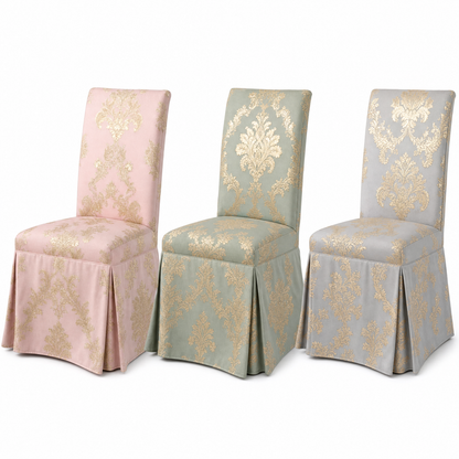 Blush & Gold Damask Stretch Dining Chair Covers — Removable Washable Spandex Slipcovers, Ornate Damask, Blush Pink & Gold (Set of 4)