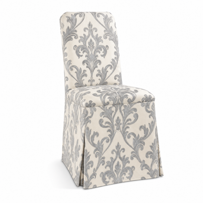 Silver Baroque Stretch Dining Chair Covers — Removable Washable Spandex Parsons Slipcovers, Scroll Damask Pattern, Silver Grey & Ivory (Set of 4)