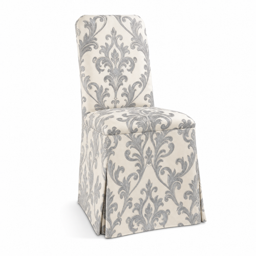 Silver Baroque Stretch Dining Chair Covers — Removable Washable Spandex Parsons Slipcovers, Scroll Damask Pattern, Silver Grey & Ivory (Set of 4)