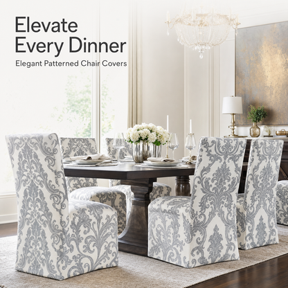 Silver Baroque Stretch Dining Chair Covers — Removable Washable Spandex Parsons Slipcovers, Scroll Damask Pattern, Silver Grey & Ivory (Set of 4)