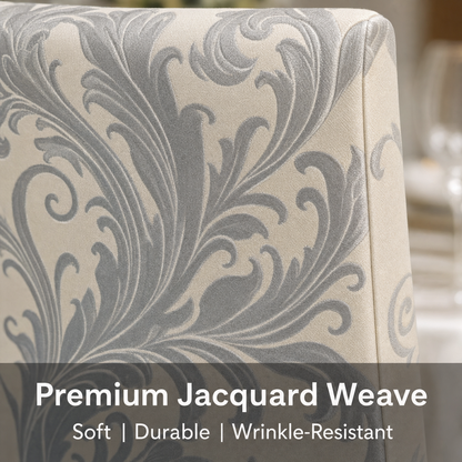 Silver Baroque Stretch Dining Chair Covers — Removable Washable Spandex Parsons Slipcovers, Scroll Damask Pattern, Silver Grey & Ivory (Set of 4)