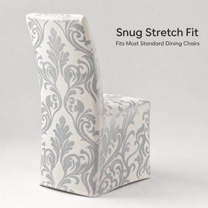 Silver Baroque Stretch Dining Chair Covers — Removable Washable Spandex Parsons Slipcovers, Scroll Damask Pattern, Silver Grey & Ivory (Set of 4)
