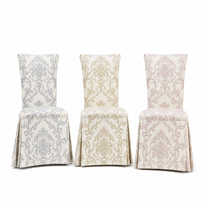Silver Baroque Stretch Dining Chair Covers — Removable Washable Spandex Parsons Slipcovers, Scroll Damask Pattern, Silver Grey & Ivory (Set of 4)