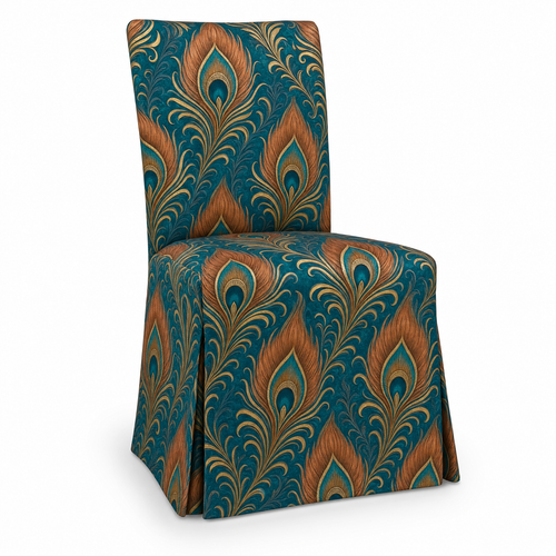 Teal Peacock Stretch Dining Chair Covers — Removable Washable Spandex Slipcovers, Copper & Gold Peacock Pattern, Deep Teal (Set of 4)