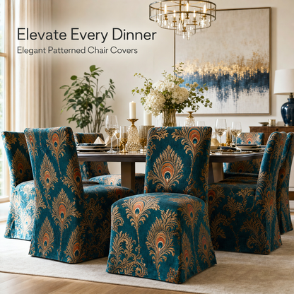 Teal Peacock Stretch Dining Chair Covers — Removable Washable Spandex Slipcovers, Copper & Gold Peacock Pattern, Deep Teal (Set of 4)