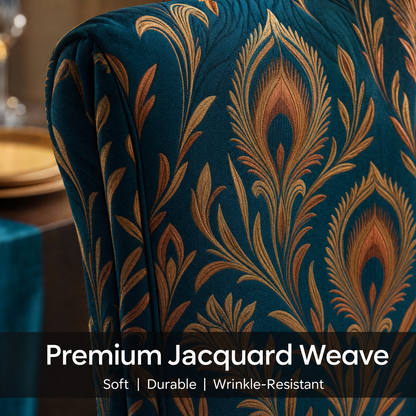 Teal Peacock Stretch Dining Chair Covers — Removable Washable Spandex Slipcovers, Copper & Gold Peacock Pattern, Deep Teal (Set of 4)