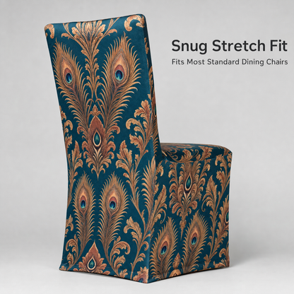 Teal Peacock Stretch Dining Chair Covers — Removable Washable Spandex Slipcovers, Copper & Gold Peacock Pattern, Deep Teal (Set of 4)