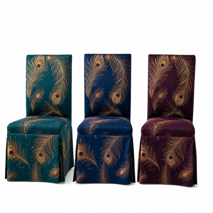 Teal Peacock Stretch Dining Chair Covers — Removable Washable Spandex Slipcovers, Copper & Gold Peacock Pattern, Deep Teal (Set of 4)