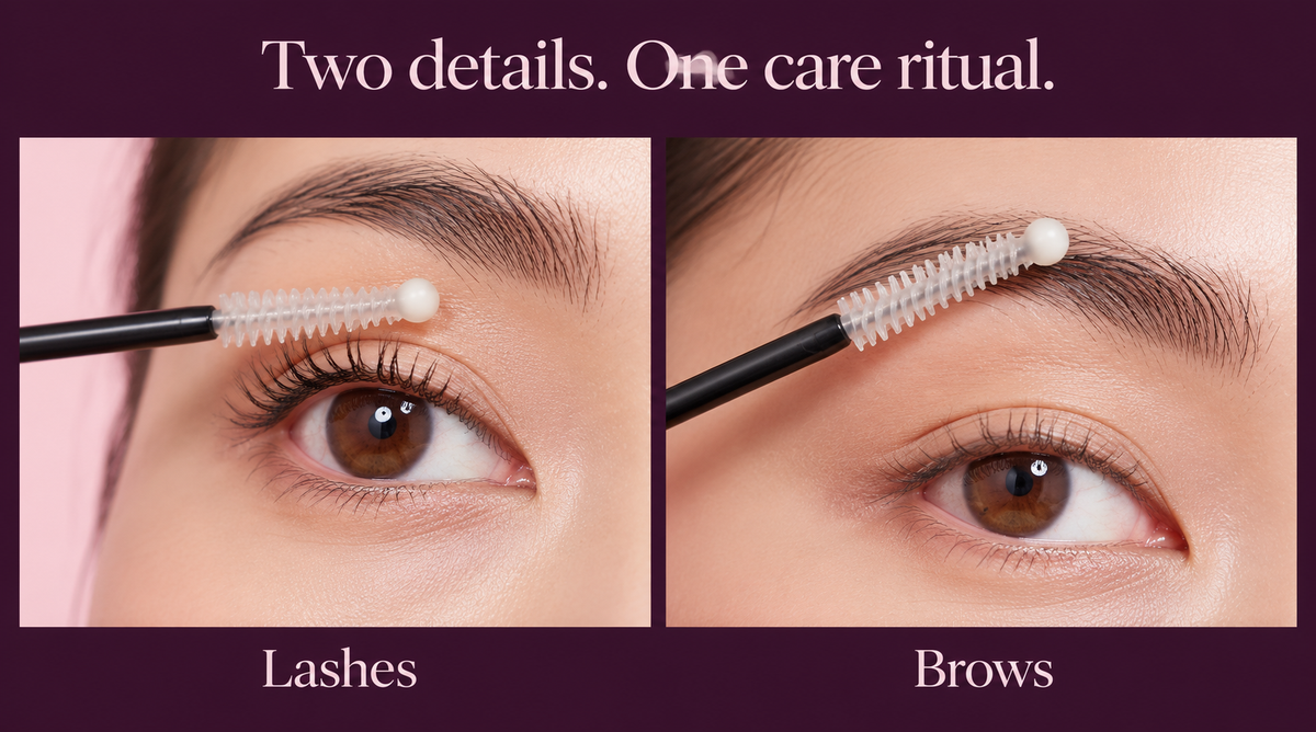 Illustrated lash and brow care application scenes