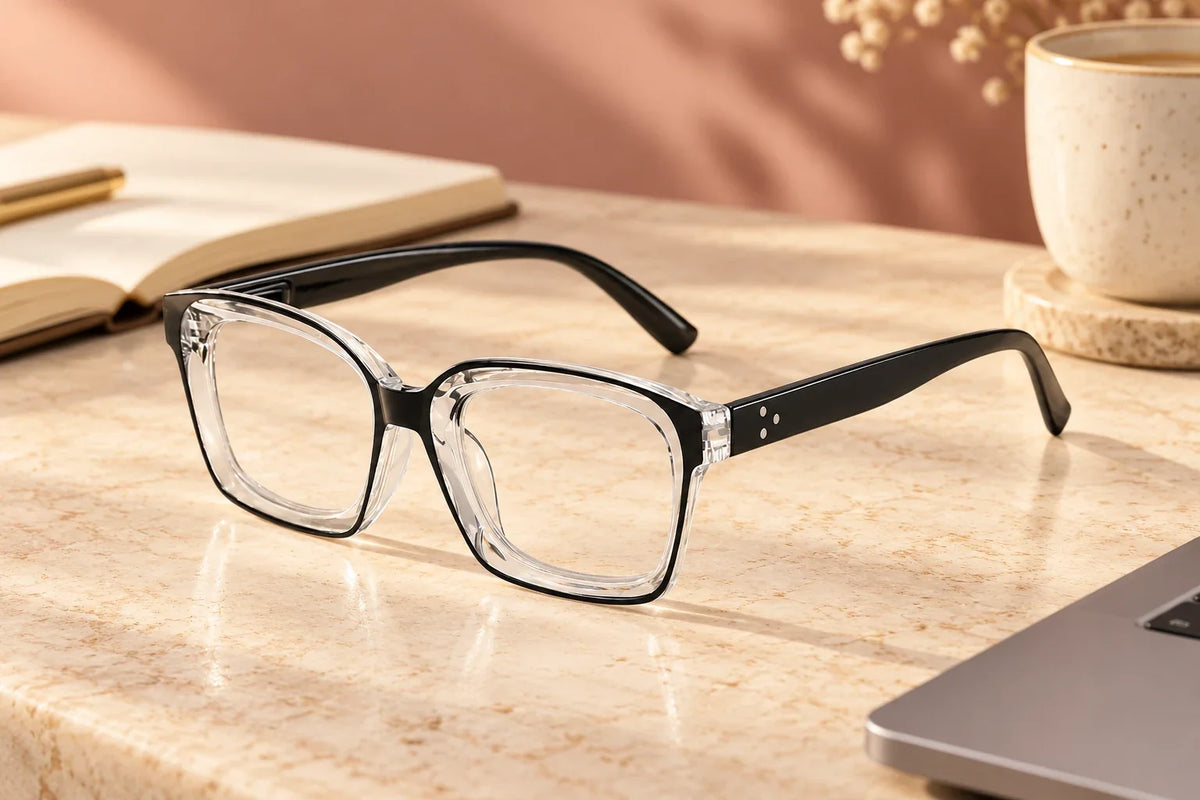 Styled desk scene featuring the black and clear square frame