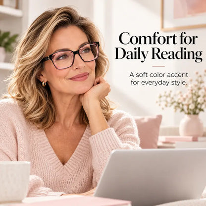 Pink square reading glasses styled for everyday wear