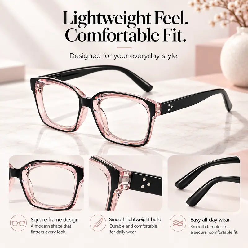 Pink square glasses showing frame and temple details