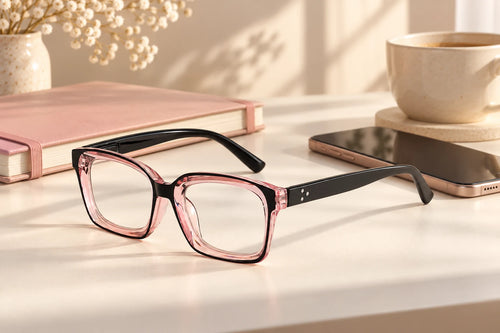 Pink and black square frame beside notebook and phone