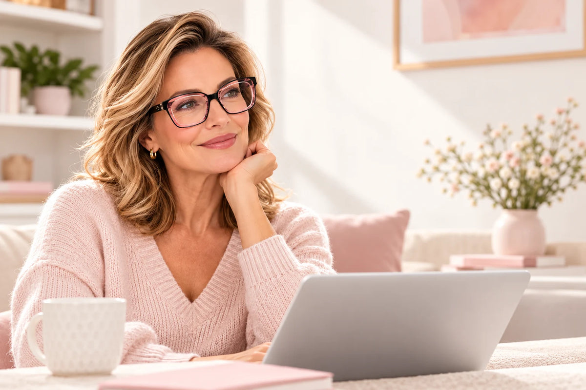 Pink square reading glasses in a styled home-office portrait